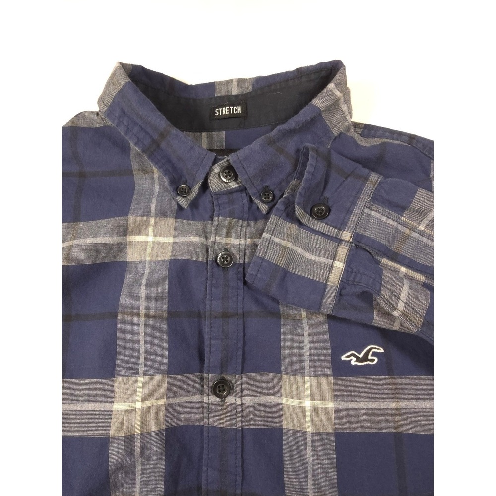 Hollister‎ Mens Epic Flex Stretch Plaid Button Down Shirt Navy Blue Grey Large